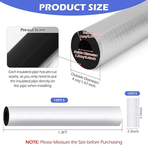 10 Pack Self-Adhesive Pipe Insulation Sleeve, Pre-Slit Foam Tube with Aluminum Foil Cover for Winter, Spigot, Sprinkler, Water Heater Pipes, Scratch-Proof and Non-Corrosive (Silver, 1.3 Ft x1/2 Inch)