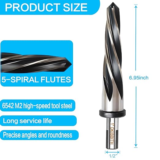 1” Bridge Construction Reamer Drill Bit, M2 HSS Taper Chucking Reamer for Steel Alloy Metal Wood Plastic, 1/2" Non-Slip Shank, 5-Spiral Flutes Car Reamer, to Align or Enlarge Holes, 25mm