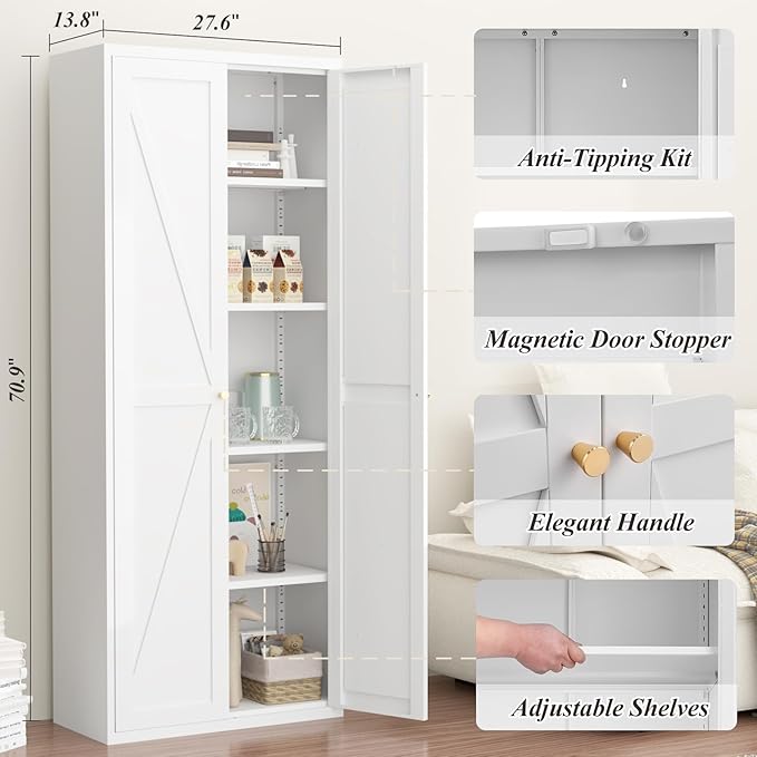 GREATMEET 71" Metal Tall Pantry Storage Cabinet, Food Pantry Cabinet, White Cupboard with Anti-Tipping Kit for Kitchen Tools Storage for Dining Room, Living Room Garage and Bathroom