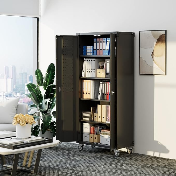Upgraded Metal Storage Cabinet with Wheels, Lockable 72" Tall Cabinet for Garage Utility Rooms, Pegboard & 4 Hooks, Adjustable Shelves (Black)