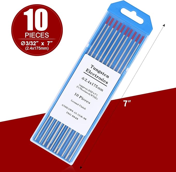 TIG Welding Tungsten Electrodes Tungsten Service 10-Pack（Red - 2% Thoriated Tungsten 3/32"）