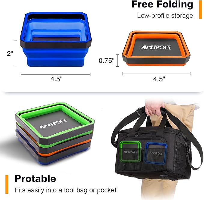 Collapsible Magnetic Parts Tray Set, 3 Pack Foldable Silicone Magnetic Tool Trays for Bolts Screws Nuts & Small Metal Parts, 4.5” Upgraded Square Silicone Bowls with Dual-Sided Magnetic Base