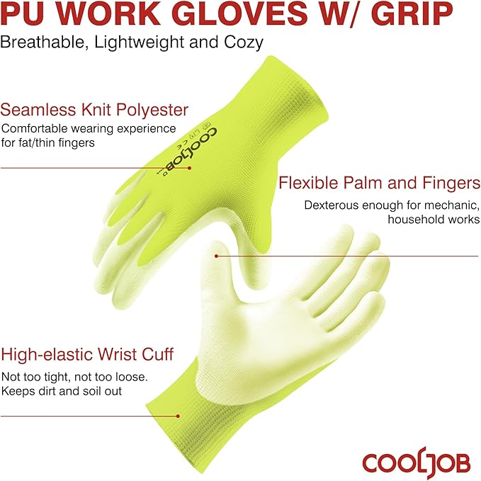COOLJOB 60 Pairs Safety Work Gloves Pack Bulk with Grip PU Coating, 13 Gauge Seamless Knit Gloves with Polyurethane Dipped for Warehouse Working, Breathable Lightweight for Men Women, Yellow Medium