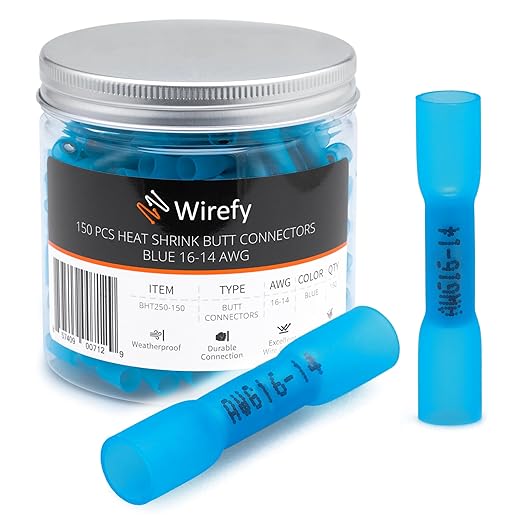 Wirefy 150 Wire Connectors - Wire Butt Connectors Heat Shrink - Heat Shrink Crimp Connector for Wiring - Electric Marine Grade Connector Waterproof Butt Splice Electrical Kit