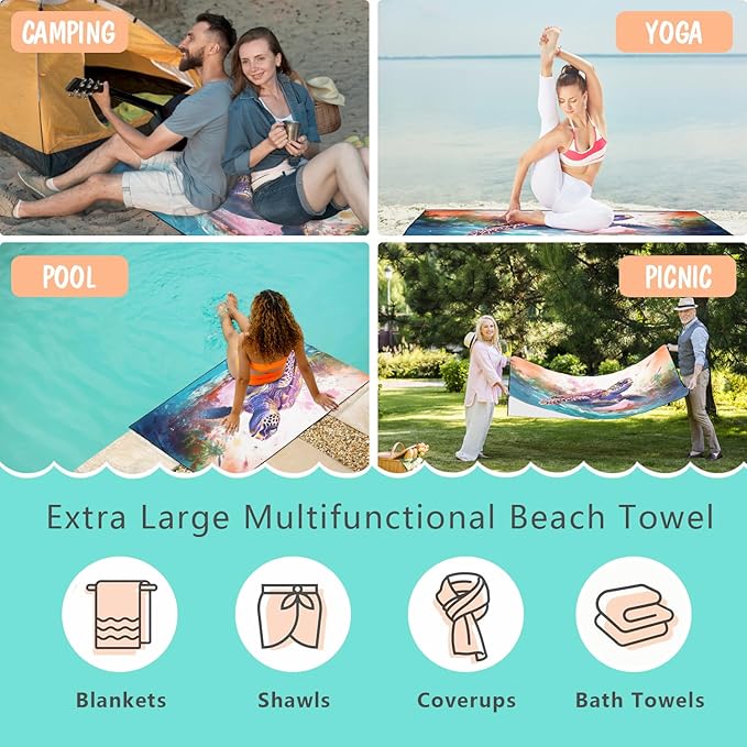 Giant Turtle Beach Towel Oversized 36" x 72", Thin Lightweight Sand Free Quick Dry Microfiber Towel for Swimming Pool Cruise Camping Travel