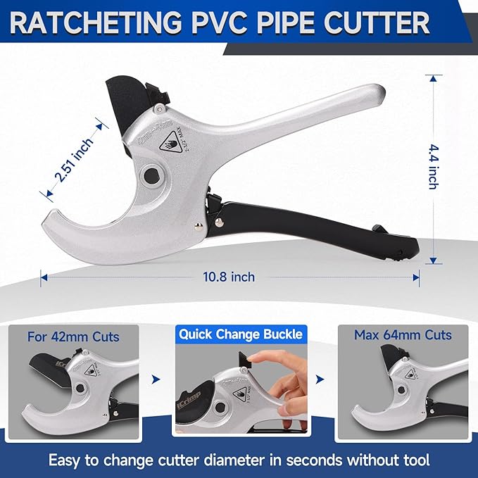 iCrimp Adjustable PVC Pipe Cutter Cuts up to 2-1/2", Heavy-Duty Aluminum Ratchet Pipe Cutter Tool, One-hand Operation Tube Cutter, PEX Cutting Tool for PEX, PVC, PPR Platic Hose and Plumbing Pipe