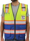 Dib Safety Reflective Mesh Vest High Visibility Two Tone with Pockets and Zipper, Yellow and Blue Mesh with Orange Trim M