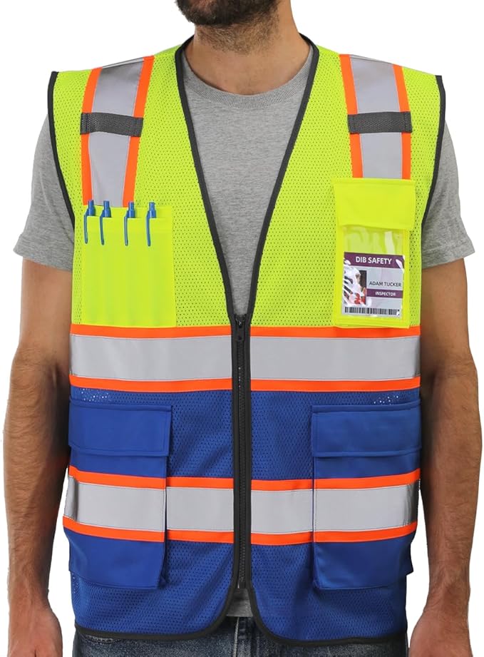 Dib Safety Reflective Mesh Vest High Visibility Two Tone with Pockets and Zipper, Yellow and Blue Mesh with Orange Trim 3XL