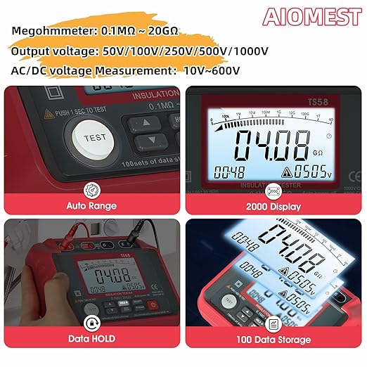 AIOMEST Megohmmeter 0.1MΩ-20GΩ Digital Insulation Resistance Tester with 50V/100V/250V/500V/1000V Output Voltage, Data Logging, 10V~600V AC/DC Voltmeter Megohm Meter w/Test Lead & Zipper Bag