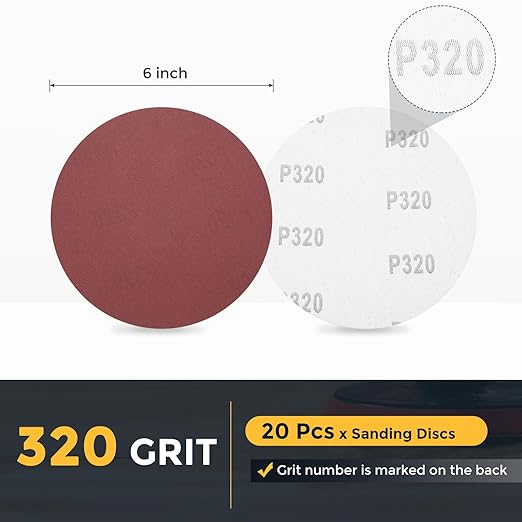 HARFINGTON 20 Pcs 6 Inch Sanding Disc 320 Grit Hook and Loop Sandpaper Random Orbital Sander Pads for Woodworking Automotive Metal Polishing