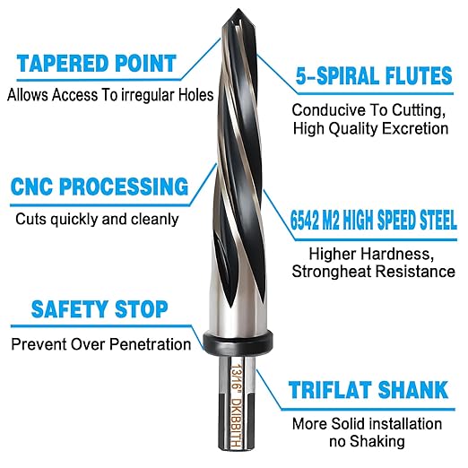 DKIBBITH 13/16" Bridge Construction Reamer Drill Bit, M2 HSS Taper Chucking Reamer for Steel Alloy Metal Wood Plastic, 1/2" Non-Slip Shank, 5-Spiral Flutes Car Reamer, to Align or Enlarge Holes, 21mm.