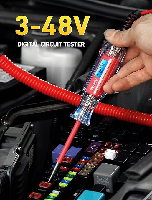 JASTIND Automotive Test Light 3-48V DC Digital LCD Circuit Tester, Bidirectional Voltage Tester with Voltmeter & 140 Inch Extended Spring Wire, Heavy Duty Electric Tester for Car Fuse, Battery
