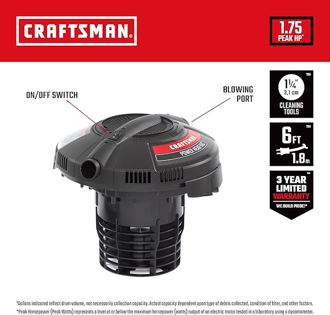 CRAFTSMAN CMXEVBE17596 20 Gallon 6.5 Peak HP Heavy Duty Wet/Dry Shop Vacuum with Filter, Dust Bag, Hose, Attachments and CMXEVBE17678 1.75 Peak HP Wet/Dry Shop Vac Powerhead with Filter Bag and Hose