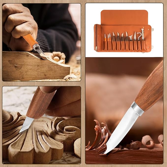 Wood Carving Kit, Deluxe Wood Carving Tools with Large Leather Case, 8Pcs Whittling Knives, 3 Detail Carving Knives, Whittling Kit for Beginners DIY