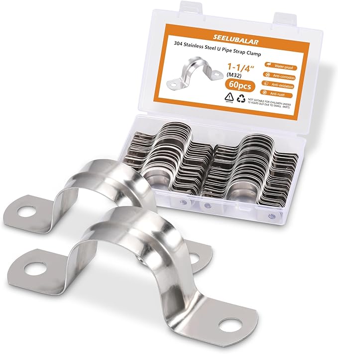 60PCS M32 Stainless Steel Rigid Pipe Strap for 1-1/4 Inch Hose OD, Rigid Pipe Strap, 2 Holes Cable U Bracket, Tube Strap Tension Clips, U-Tube Clamp