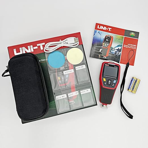 Paint Thickness Gauge for Cars UT343D Upgraded Coating Wet Film Thickness Gauge Paint Correction Precious Metal Tester Tool with Visual Go-NoGo Indicator Auto Rotatable Display