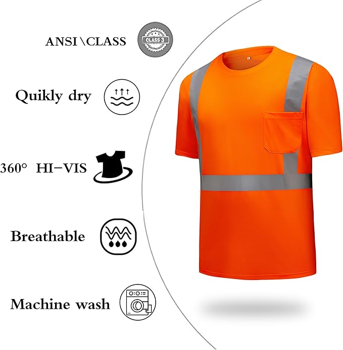 High Visibility Shirts Quick Dry Safety T Shirts with Reflective Strips and Pocket Short Sleeve Mesh Hi Vis Construction Work Class 2 Shirt for Men/Women Orange,3XL