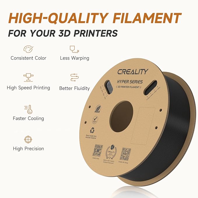 Creality Hyper PLA Filament 1.75mm Black 2KG, 30-600mm/s High Speed PLA 3D Printer Filament, 2 Pack 1kg Spool(2.2lbs) PLA, Dimensional Accuracy +/-0.02mm, Fit Most FDM 3D Printer