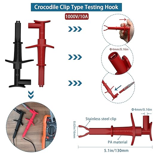 15 Pcs Multimeter Test Leads Kit with Alligator Clips,Test Hook,Test Probe,Tweezer CAT III for Professional Electrical Testing for Fluke/AstroAI/INNOVA Multimeter,Clamp Meter