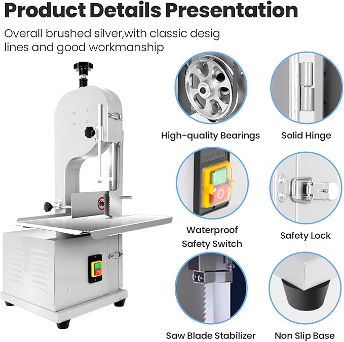 2000W Commercial Bandsaw Machine, 20x16" Stainless Steel Worktable, Cuts 0.04-8" Thickness Electric Bone Saw Machine, Frozen Meat Cutter with 8 Blades Included, for Rib Pork Beef