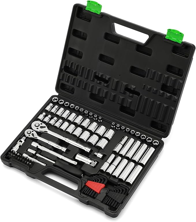 94pcs 1/4" & 3/8" Drive Socket Set, Socket Wrench Set with Ratchet Handle, Extention Bar, Adapter, Screwdriver Bit Set, Spark Plug Socket, CR-V, Metric/SAE, Deep/Shallow, Mirror Chrome Finish