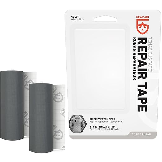 GEAR AID Tenacious Tape 3”x20” Fabric and Vinyl Gear Repair Tape, Quickly Fix Holes and Rips in Puffy Jackets, Rain and Snow Gear, Tents, Sleeping Bag and More, Gray, 2 Pack