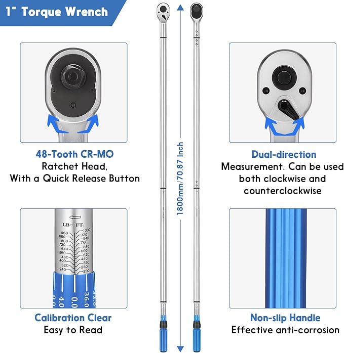 1-Inch Drive Click Torque Wrench, Dual-Scale Adjustable Torque Wrench Set with a Hex Key 200-1000ft.lb / 271-1356.7Nm