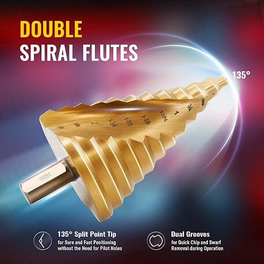 ZELCAN Large HSS Spiral Groove Step Drill Bit, 12 Sizes Titanium High Speed Steel 1/4" to 2-3/8" Drill Bit for Sheet Aluminium Metal Wood Hole Drilling, Big Multiple Hole Stepped Up Bit for DIY Lovers