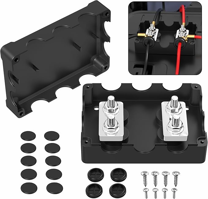 Joinfworld 400A Bus Bar 12V Power Distribution Block with 4 x 5/16"(M8) Stud Dual Battery Bus Bar 48V DC Marine Terminal Distribution Block for Automotive Car Solar - Negative&Positive(2 in 1)