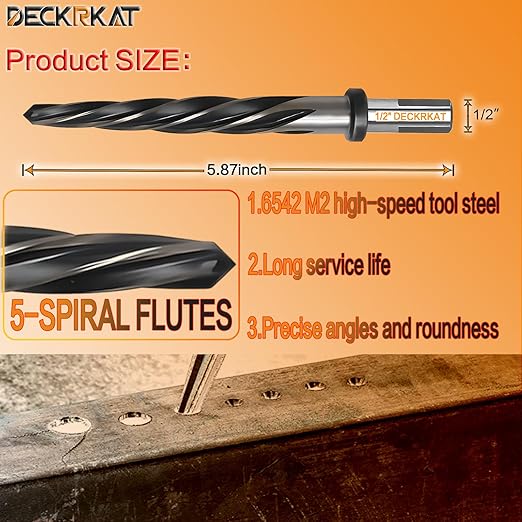 1/2" Reamer Drill Bit for Metal, M2 HSS Taper Reamer for Steel, Alloy, Wood, Plastic to Align, Enlarge Holes – 5-Spiral Flutes, 1/2" Non-Slip Shank, 12mm Car Reamer, Bridge Construction Reamer