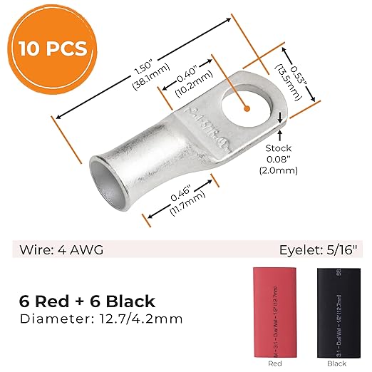 SELTERM 10pcs - 4 Awg - 5/16" Stud - Battery Lugs - Ring Terminal Connectors | with 12pcs 3:1 Black & Red Heat Shrink Tubing with Adhesive | Heavy Duty Battery Cable Ends - Tinned Copper Wire Lugs Kit