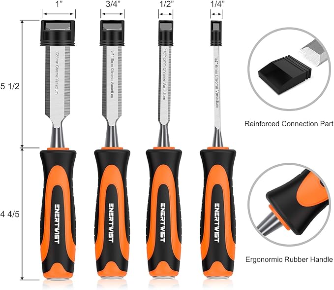 ENERTWIST 13pcs Wood Chisel Set, Premium Woodworking Chisel Sets w/ 8 CRV Construction Wood Chisels, 1 Sharpening Stone, 1 Honing Guide, 2 Carpenter Pencils, 1 Sharpener for Wood Carving in Hard Case