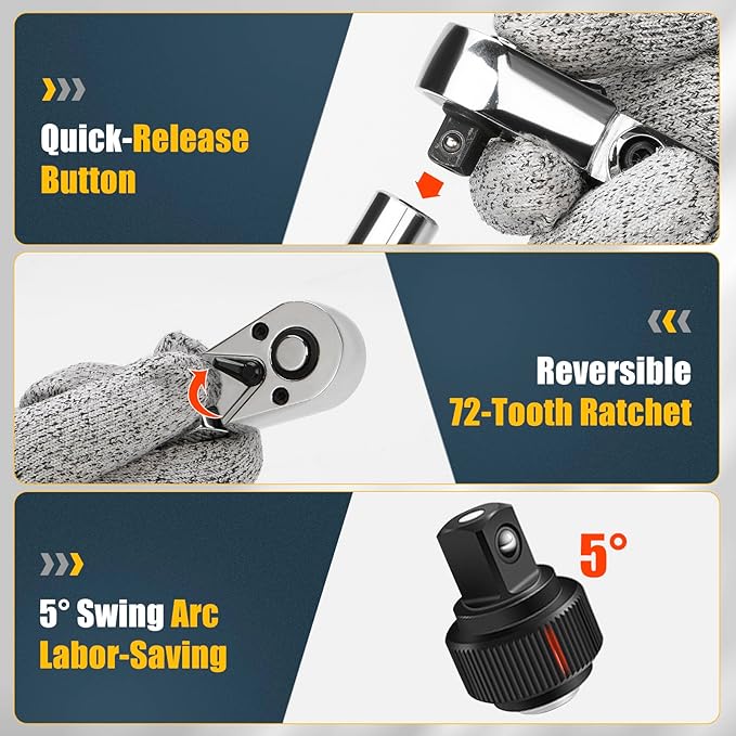 6-Piece Flex Head Ratchet Set, 1/4", 3/8", 1/2" Drive, Swivel Head Ratchet Wrench with Extension Bar, 72 Tooth, 180° Adjustable, Quick-Release, Flexible Ratchet Handle with EVA Foam
