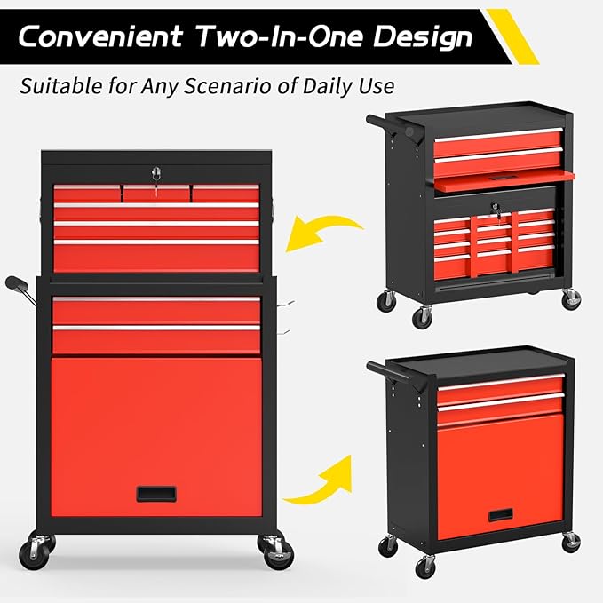 On Shine 8 Drawer Rolling Tool Chest, Large Capacity Rolling Tool Box with Wheels, Locking Mechanical Tool Chest, Portable Tool Box with Sliding Drawers,Metal Tool Box for Garage Workshop (BlackRed)