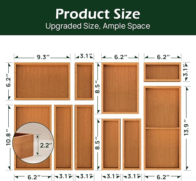 10-Piece Bamboo Drawer Organizer Set, 2.2" Deep | Multi-Use Organizers for Utensils, Silverware, Cutlery, Desk, Bathroom, Junk Drawer & Makeup, Non-Slip Feet Included.