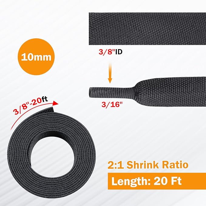 2:1 Heat Shrink Fabric Tubing Braided Sleeving Woven Wire Loom Shrinkable Cable Sleeve for Automotive Wire Harness/Cable Sheath (3/8"-20ft)
