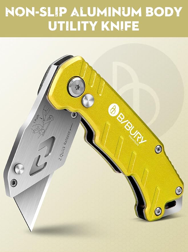 Utility Knife, BIBURY Upgraded Version Heavy Duty Box Cutter, Pocket Carpet knife with 10 Replaceable SK5 Stainless Steel Blades, Belt Clip, Easy Release Button, Quick Change and Safety Lock-Yellow