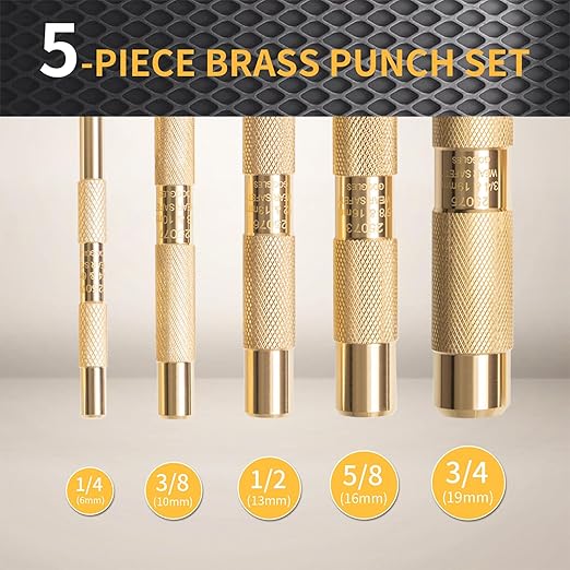 5-Piece Brass Punch Set, Removing Repair Tool, 1/4", 3/8", 1/2", 5/8", 3/4" Brass Pin Drive Punch Set, Replace 67003-MAI 045256670034