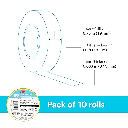 3M Temflex Multi-Purpose Vinyl Electrical Tape 165, Yellow, 3/4 in x 60 ft (19 mm x 18 m), 10 Roll Pack