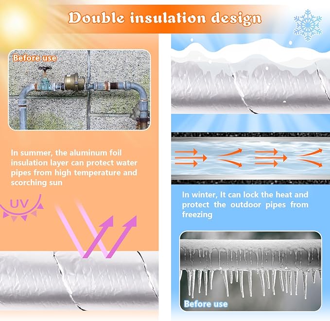 Pipe Insulation Wrap 2" Wide X 32.8 Ft Outdoor Foam And Foil Pipe Wrap Insulation Tape Self Adhesive for Winter Freeze Protection Insulation Wrap for Cold Hot Water Pipes for Reduce Heat Loss (2 roll)