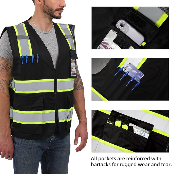 Dib Safety Reflective Vest High Visibility with Pockets and Zipper, Black with Yellow Trim 3XL