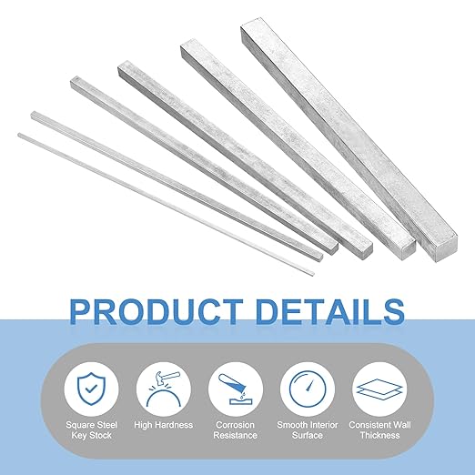 uxcell 3 Pcs Square Steel Key Stock, 7/16" x 7/16" x 12" Cold-Drawn 45# Steel Bars Precision Key Stock for Gearbox Coupling, Silver Tone