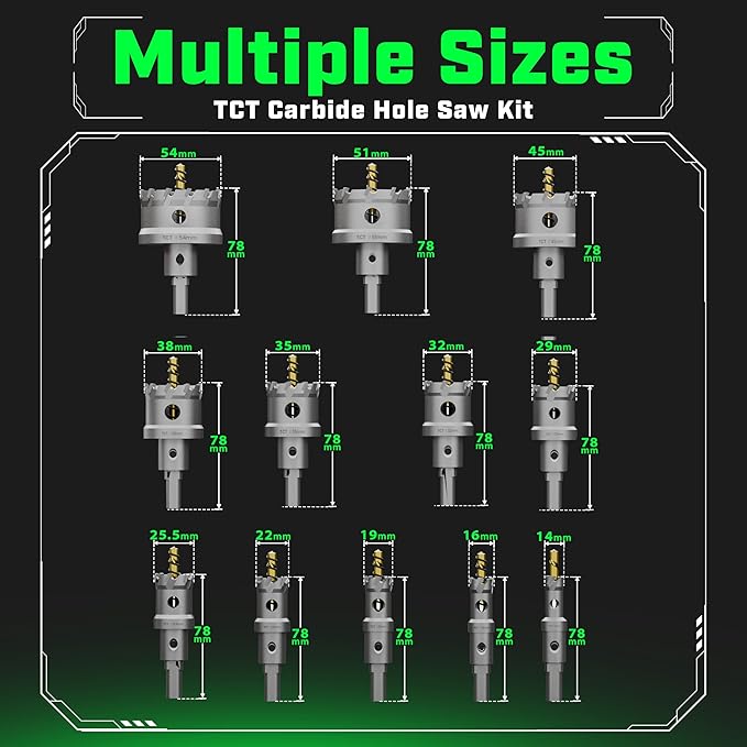 Tungsten Carbide Hole Saw Kit 22 Pcs – Carbide Hole Saw Set 9/16" to 2-1/8" for Metal, Stainless Steel, Wood – Includes 2 Drill Bits, Deburring Tool, 4 Blades, 3 Allen Wrenches – Industrial & DIY Use