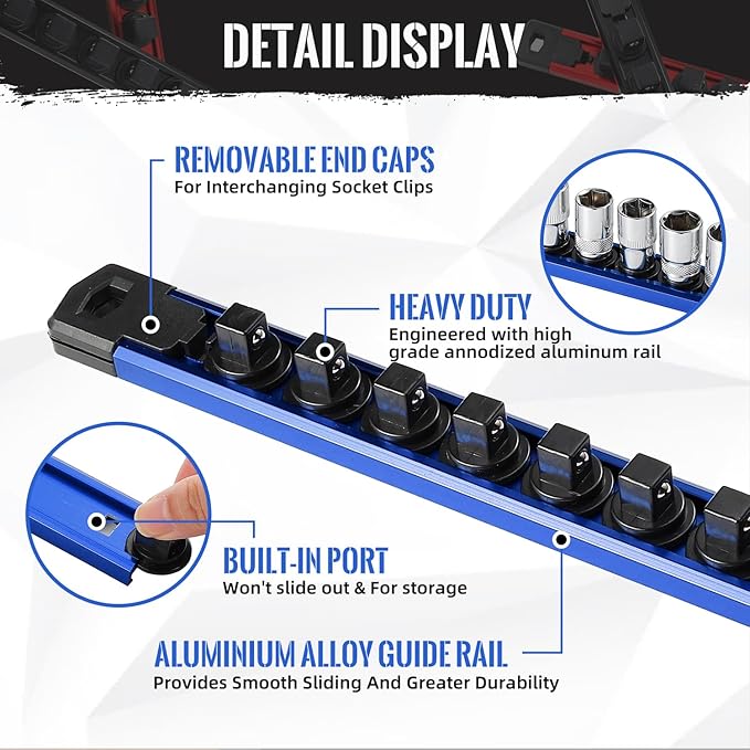 Magnetic Socket Organizer, 3-Piece Heavty Duty Aluminum Socket Holder, Socket Rail for Tool Box, Premium Quality 360° Swivel Socket Rack Kit with 40 Clips for 1/2, 3/8, 1/4-Inch(Blue)