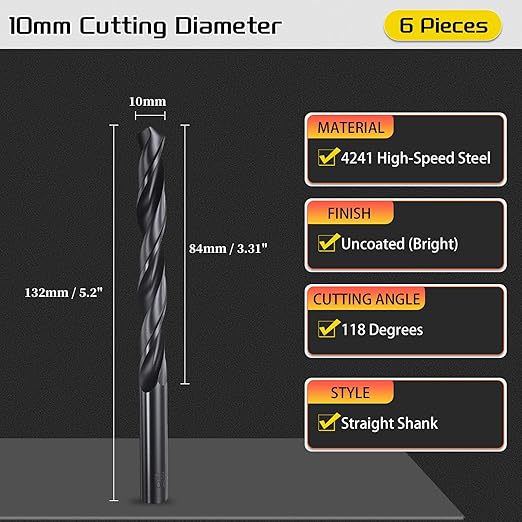 Drill Bit, 10mm Cutting Diameter, 4241 HSS Nitriding Black 118° Cutting Angle Versatile Jobber Bits - (Applications: for Drilling Plastic Wood Soft Metal), 6-Pieces