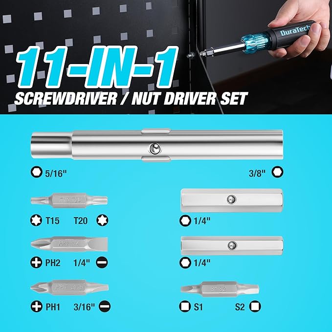 DURATECH Screwdriver, Multi Bit 11-in-1 Screw Driver & Nut Driver Set, Premium S2 Steel Bits, Portable Screw-driver, with Phillips, Slotted, Torx, Square Bits