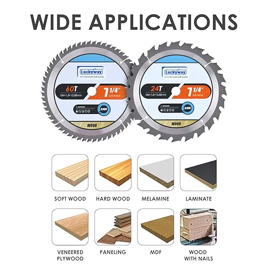 Luckyway 7-1/4 Inch Circular Saw Blade 24T Framing & 60T Fine Finish with 5/8 Inch Arbor, TCT Saw Blade for Wood Cutting 2-Pack