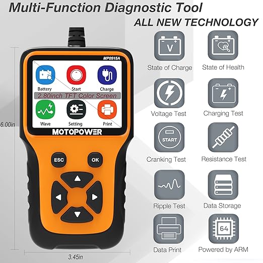 MOTOPOWER MP0515A 12V Car Battery Tester Automotive 100-2000 CCA Battery Load Tester Auto Cranking and Charging System Tester