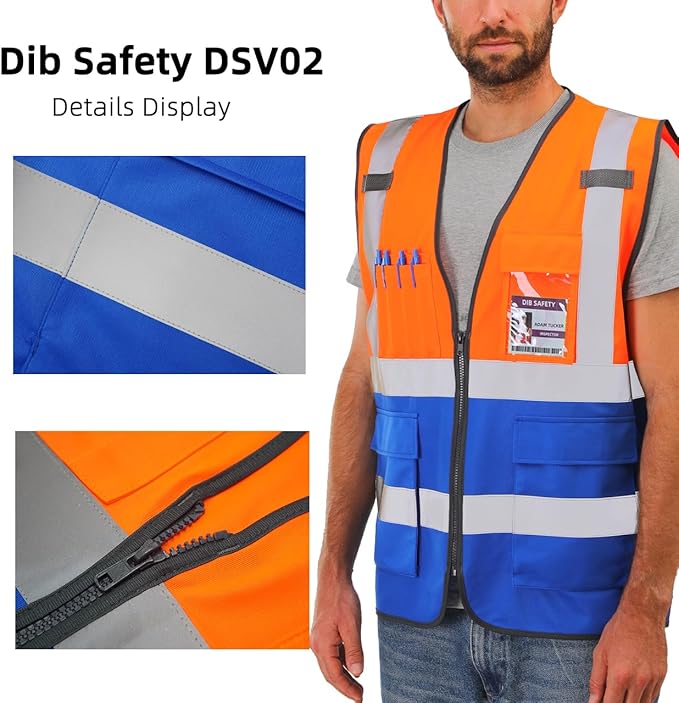 Dib Safety Reflective Vest High Visibility with Pockets and Zipper, Orange and Blue 2XL