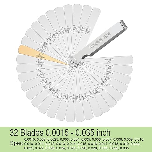 Stainless Steel Feeler Gauge 32-Blade 0.04-0.88 mm (0.0015-0.035 Inch) Precision Gap Measuring Tool for Valve Adjustment, Spark Plug Gap, Dual Marked Metric and Imperial Measuring Tools